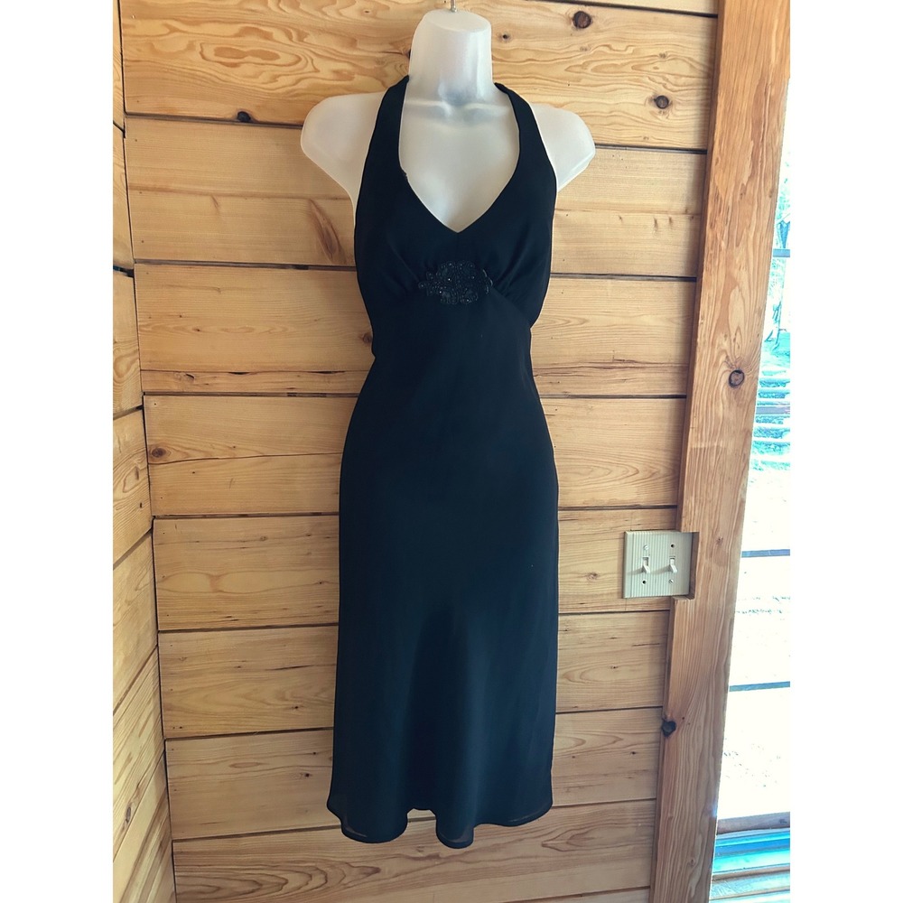 Vintage 90s Black Halter Midi Dress Sheer Overlay Beaded Detail Size 6 Friends - Picture 4 of 12